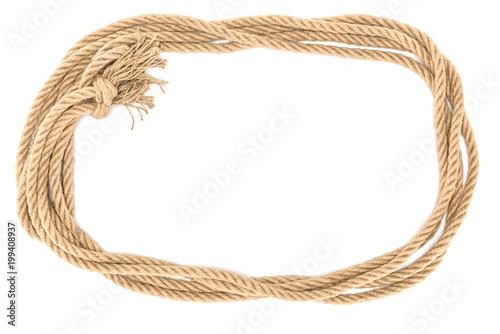 top view of brown nautical rope with knot isolated on white
