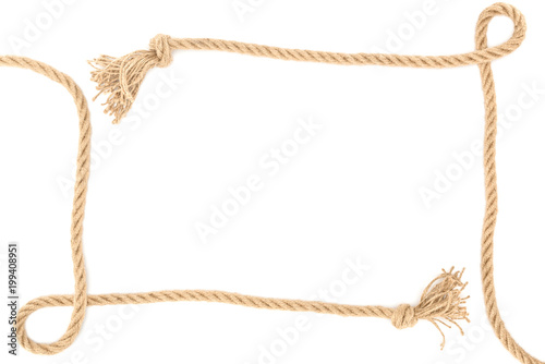 top view of arranged nautical ropes with knots isolated on white