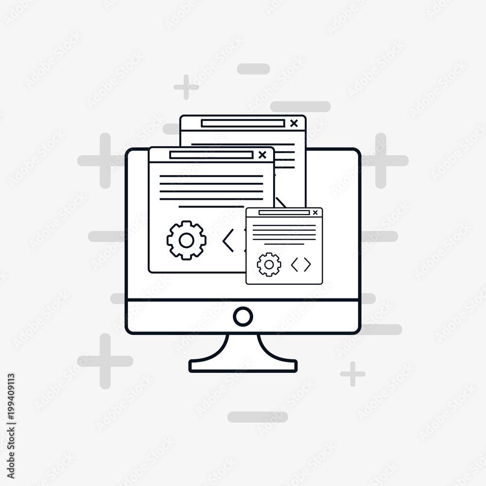 seo design with computer and web interfaces over gray background, vector illustration seo design with computer and web interfaces over gray background, vector illustration