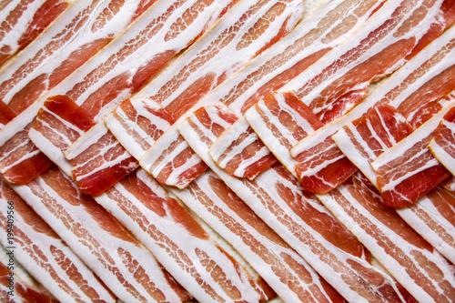 row bacon in crossing patterns, full frame as background photo