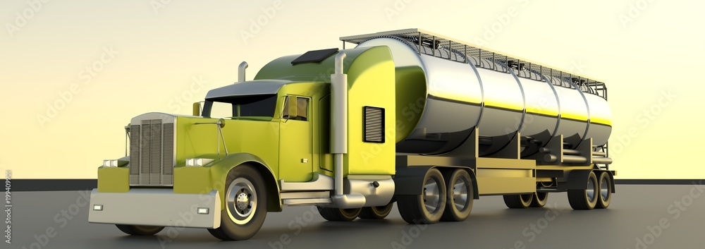 Gasoline tanker. 3d rendering. Oil trailer. Fuel gas tanker truck Gasoline tanker. 3d rendering. Oil trailer. Fuel gas tanker truck