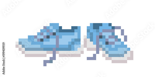 Blue sport shoes, pixel art icon isolated on white background. Old school 8 bit slot machine pictogram. Retro 80s; 90s video game graphics. A pair of sneakers.