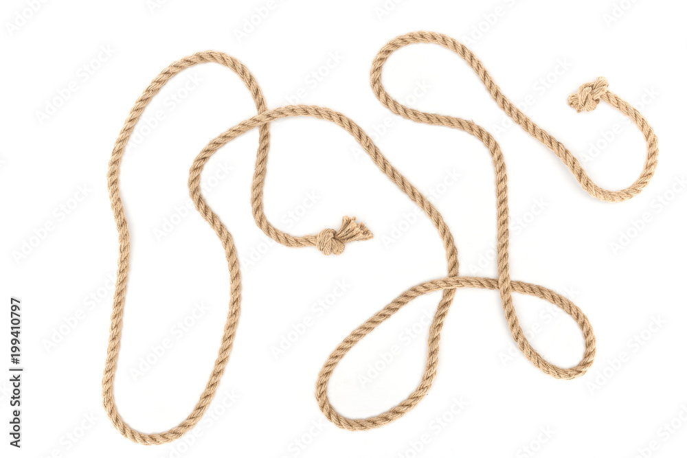 top view of arranged brown marine rope with knots isolated on white top view of arranged brown marine rope with knots isolated on white