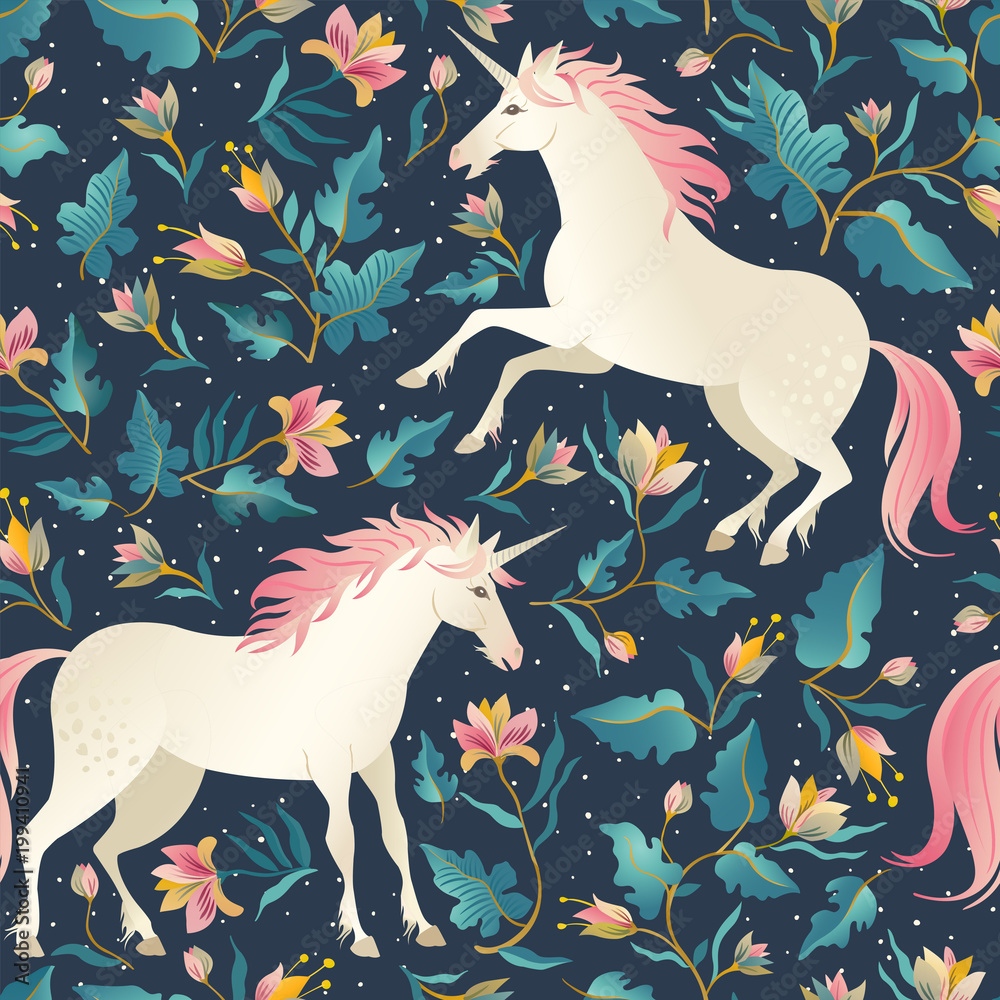 Seamless pattern with beautiful unicorns. Vector magic background for ...