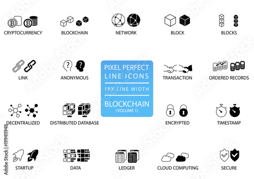 Blockchain and cryptocurrency thin line vector icon set. Pixel perfect icons with 1 px line width for optimal app and web usage
