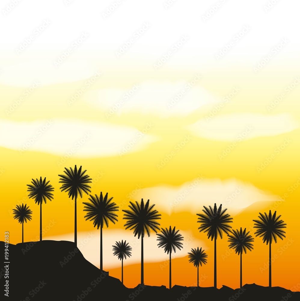 full moon party summer yellow scene palms clouds sunset vector illustration