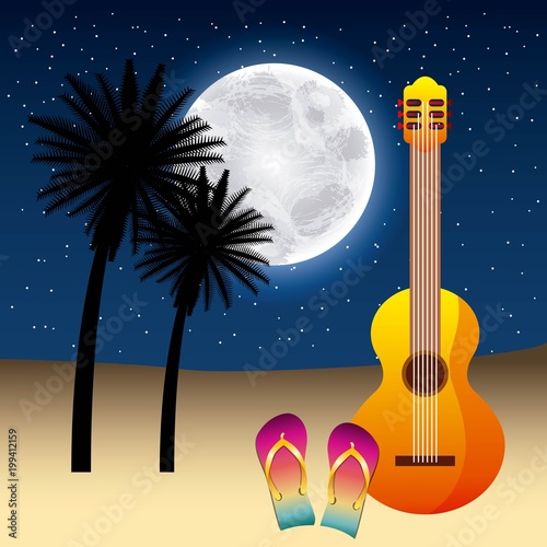 full moon party summer stars moonlight guitar sandals two palms vector illustration