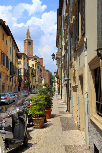 Verona  Italy - historic city center - Corso Sant Anastasia street with St. Anastasia church in the background