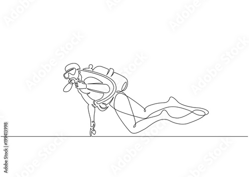 Continuous single one drawn scuba diver line underwater in the sea. The concept of sport is a journey of scuba diving.