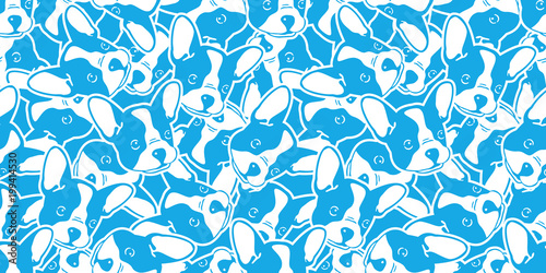 Dog seamless pattern french bulldog pug puppy face doodle vector isolated repeat wallpaper background blue