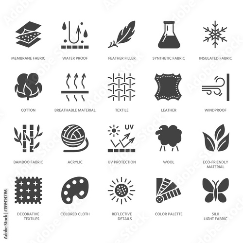 Fabric feature, clothes material vector flat glyph icons. Garment property symbols. Cotton wool, waterproof, wind resistant, uv protection. Wear label, textile industry pictogram. Pixel perfect 64x64.