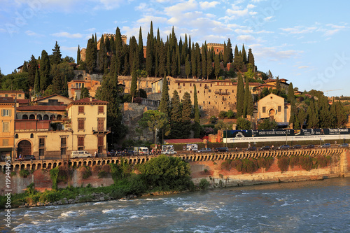 Verona, Italy - historic city center - St. Peter hill and Castel with Archeological Museum and ancient Roman Theater at Adige river