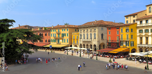 Verona, Italy - historic city center - Piazza Bra square with surrounding historic tenements