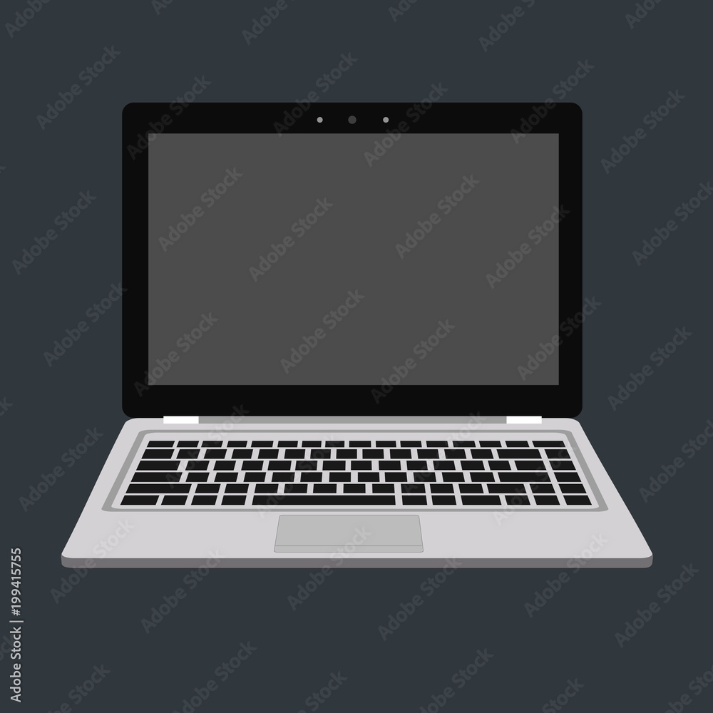 laptop flat mockup in front view. Minimal flat design for websites, business, marketing, and commercial. Portable computer icons on dark background. Isolated laptop with black buttons and dark screen. laptop flat mockup in front view. Minimal flat design for websites, business, marketing, and commercial. Portable computer icons on dark background. Isolated laptop with black buttons and dark screen.