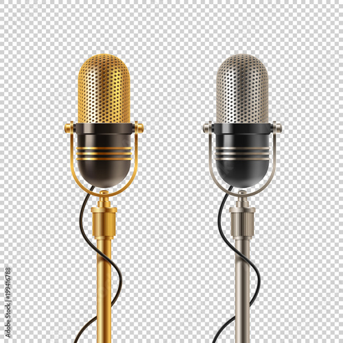 Two retro microphones  - golden and chromium, on a checkered background. Vector illustration.