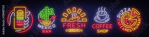 Set Fast Food Logos. Collection neon signs, Street Food, Food Delivery, Mexico Bar, Fresh Bread, Coffee shop, Pizza Cafe Restaurant. Design elements for food, neon banner. Vector illustration