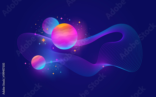 Planets with glow effect, stars and abstract waveform - vector illustration,