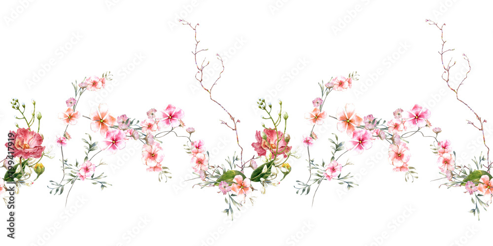 Watercolor painting of leaf and flowers, seamless pattern on white background Watercolor painting of leaf and flowers, seamless pattern on white background