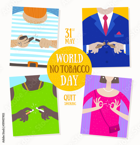 World no tobacco day. Concept illustration. Different people stop smoking - they break a cigarette, a cigar, a pipe.