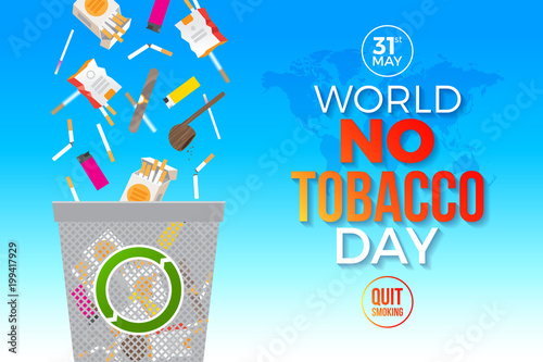 World no tobacco day - concept illustration. 
Cigarettes and other items for smoking are thrown out into the trash can. Vector illustration.