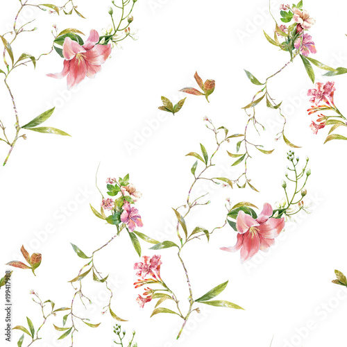 Watercolor painting of leaf and flowers  seamless pattern on white background