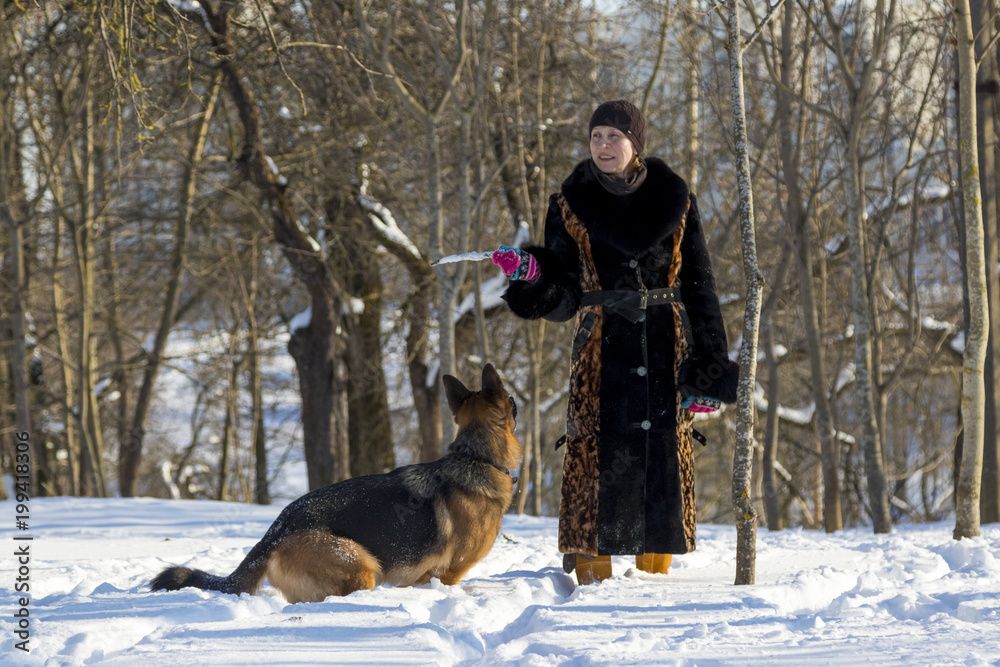 Woman playing with the german shepherd in the winter park