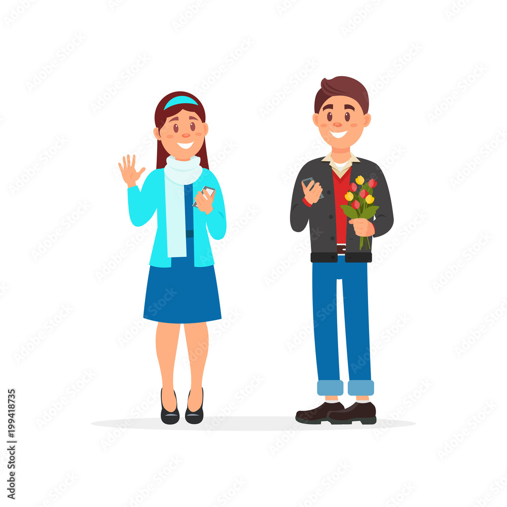Couple in love, boy presenting flowers to girl vector Illustration on a white background Couple in love, boy presenting flowers to girl vector Illustration on a white background