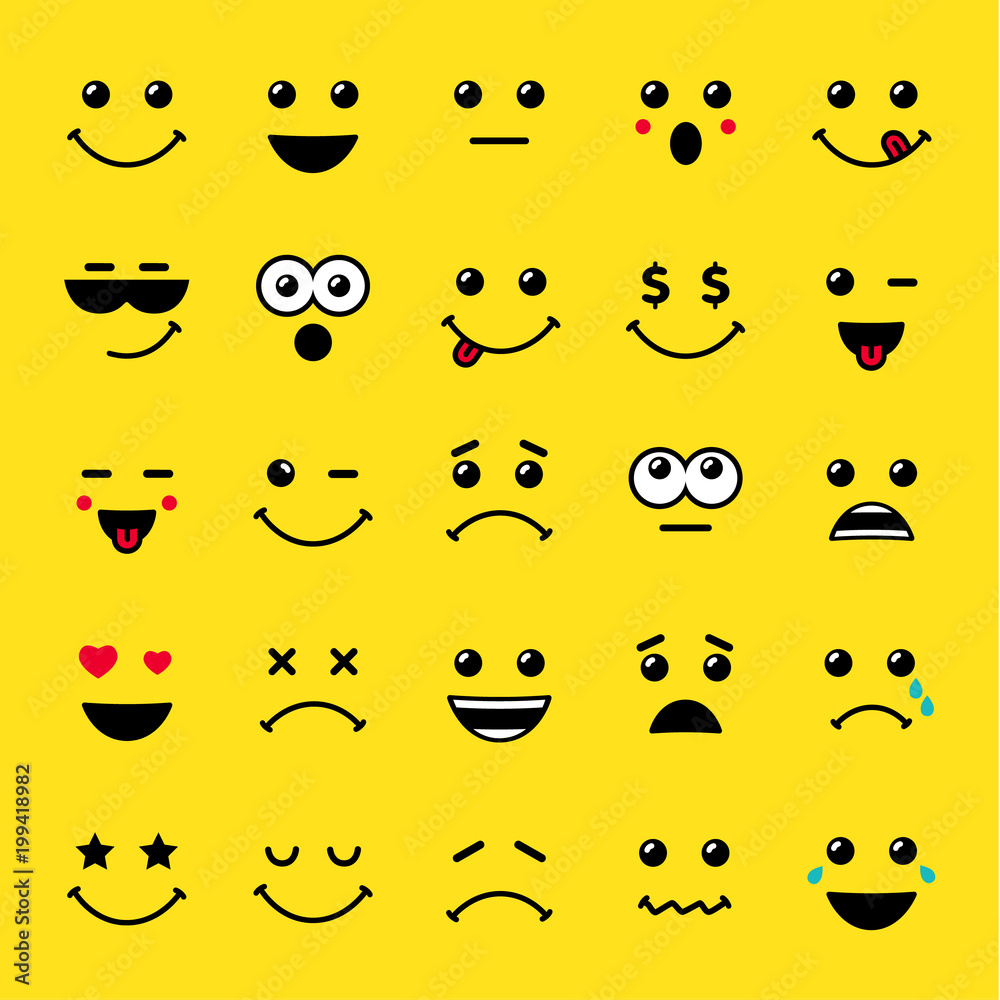 © koltukovs - Set of line art emoticons or emoji icons yellow. Smile icons vector illustration isolated on yellow background. Concept for World Smile Day smiling card or banner