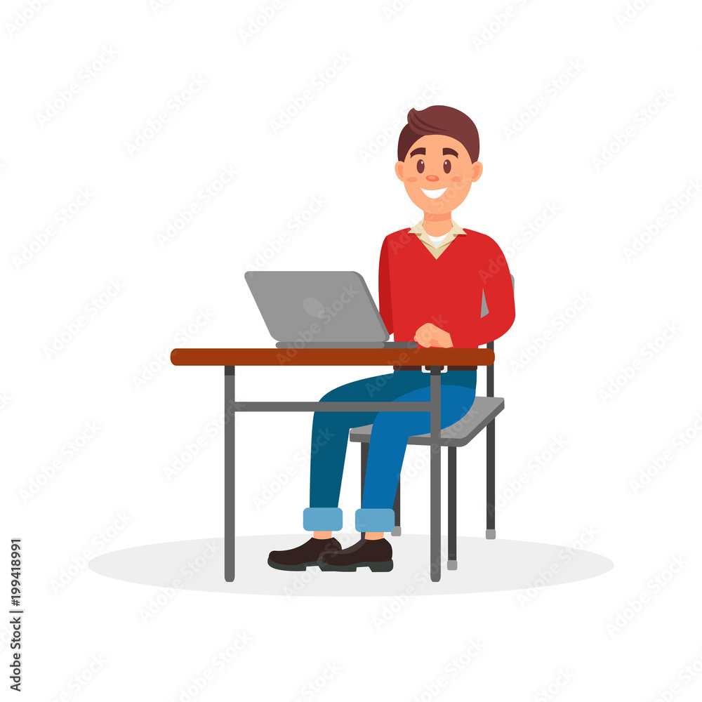 Young smiling man working on laptop computer at his office desk vector Illustration on a white background