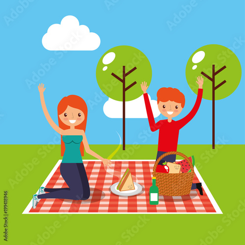 happy couple having picnic on tablecloth in the park vector illustration