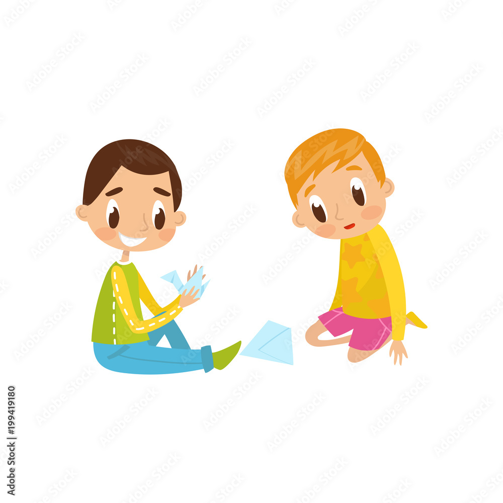 Cute little boy and girl sitting on the floor doing origami crane, education and child development concept vector Illustration Cute little boy and girl sitting on the floor doing origami crane, education and child development concept vector Illustration