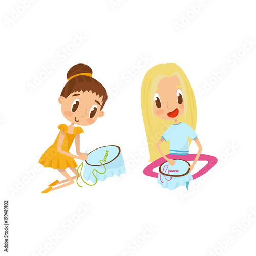 Cute little girls sitting on the floor and embroidering on canvas, education and child development concept vector Illustration on a white background