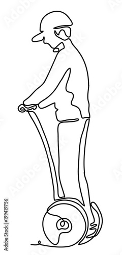 Illustration of young man riding monocycle. One-wheeled, self-balancing electric unicycle concept. Continuous line drawing. Vector monochrome, drawing by lines. sketch