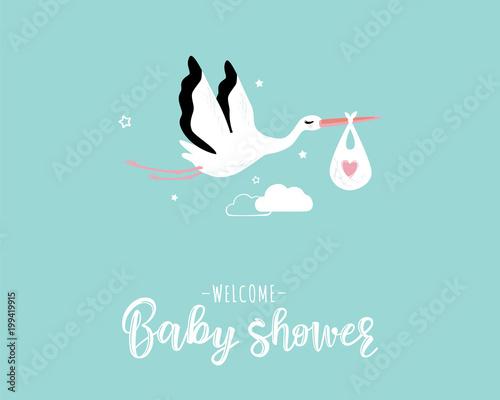 Vector illustration of a baby shower Invitation with stork