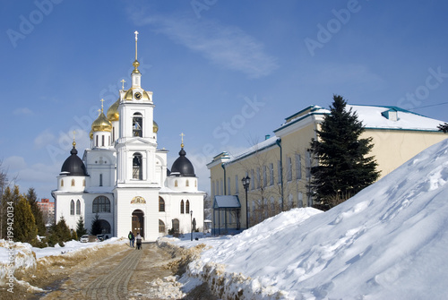 Kremlin in Dmitrov town, Moscow region, Russia. Famous historic town, popular landmark. Color winter photo.