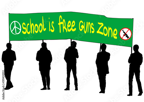 Young american school people with banner on white background