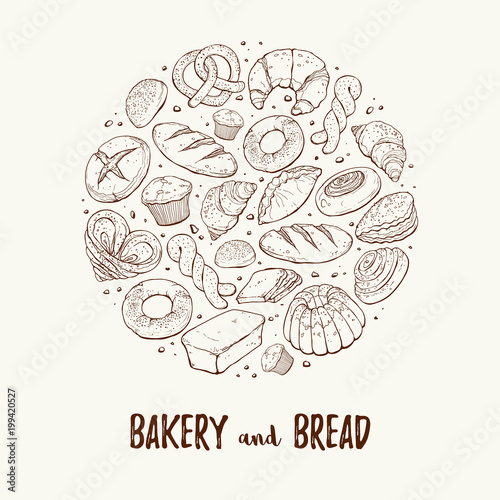 Circle shape composition from hand drawn bread in sketch style. Vector illustration for bakery shops isolated on white background. Fresh bread poster concept. © ollymolly