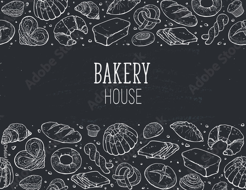 Bakery House. Horizontal border composition from hand drawn bread in sketch style. Vector illustration for bakery shops isolated on white background. Fresh bread poster concept.