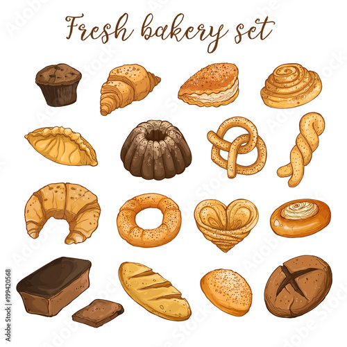 Hand drawn bread isolated on white background. Bakery objects vector illustration in sketch style.