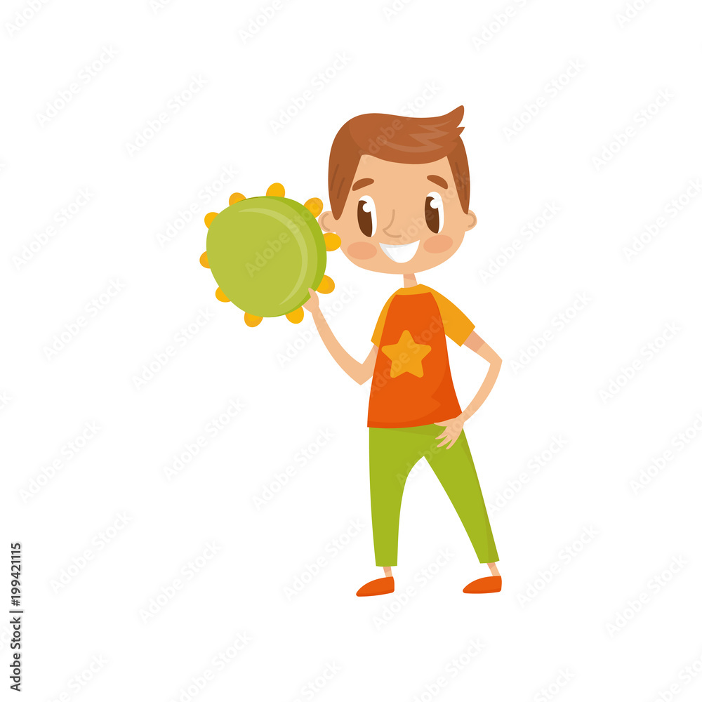 Boy playing tambourine, little musician character with musical instrument cartoon vector Illustration on a white background Boy playing tambourine, little musician character with musical instrument cartoon vector Illustration on a white background