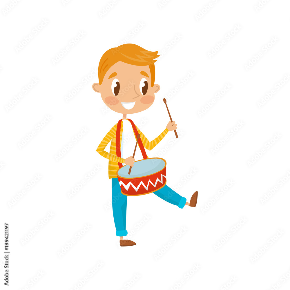 Cute boy playing drum, little musician character with musical instrument  cartoon vector Illustration on a white background Stock Vector | Adobe Stock