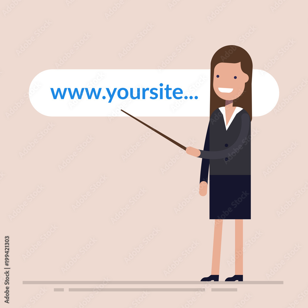 Happy businesswoman or manager shows a pointer to the website address. Address line of your store or site in the Internet browser. Woman in business suit. Vector illustration of cartoon style. Happy businesswoman or manager shows a pointer to the website address. Address line of your store or site in the Internet browser. Woman in business suit. Vector illustration of cartoon style.
