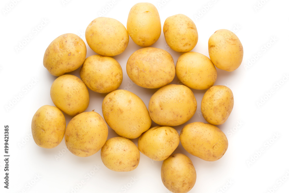 New potato and rosemarin isolated on white background close up. New potato and rosemarin isolated on white background close up.