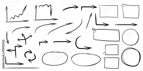 Set of arrows, rectangles, circles,  elipses. Hand drawn style, doodle, sketch, vector illustration.
