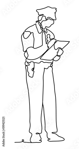 Police officer with digital tablet against white background. Continuous line drawing. Vector monochrome, drawing by lines.
