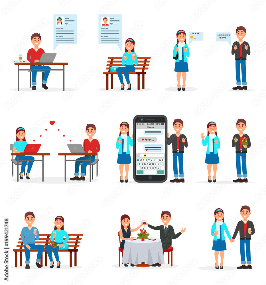 Online dating set, people finding love using dating websites and app on smartphones and computers vector Illustrations