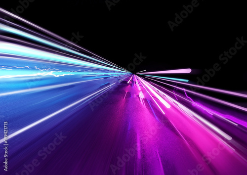 Super fast trailing lights in bright neon colours. 3D Illustration