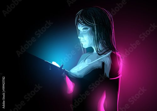 A smiling casual young women checking a message on her phone at night. Vector illustration