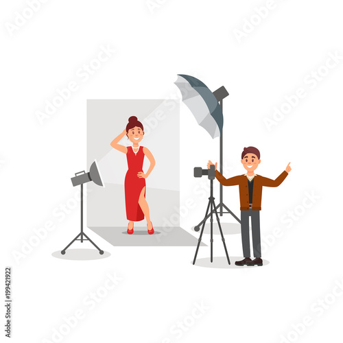 Female model wearing red dress in photo studio, photographer during shooting, white background with lights and camera vector Illustration