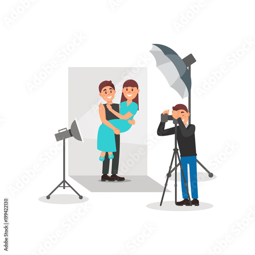 Happy couple in love posing in photo studio, photographer making photos, white background with lights and camera vector Illustration